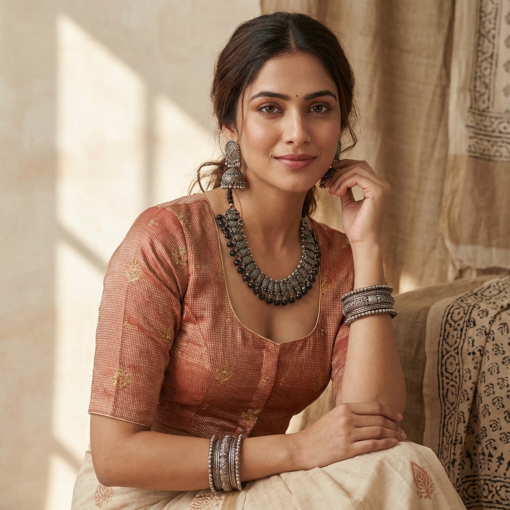 Elegant Indian woman wearing handcrafted jewelry